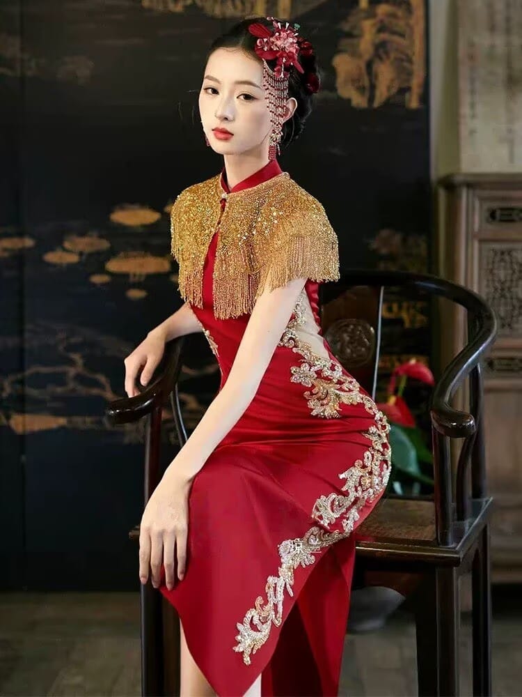 Beth and Brian Qipao-QX Heavy-duty Embroidered Tassel Engagement Cheongsam Set