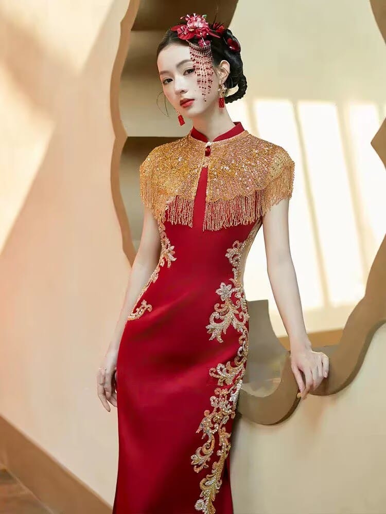Beth and Brian Qipao-QX Heavy-duty Embroidered Tassel Engagement Cheongsam Set