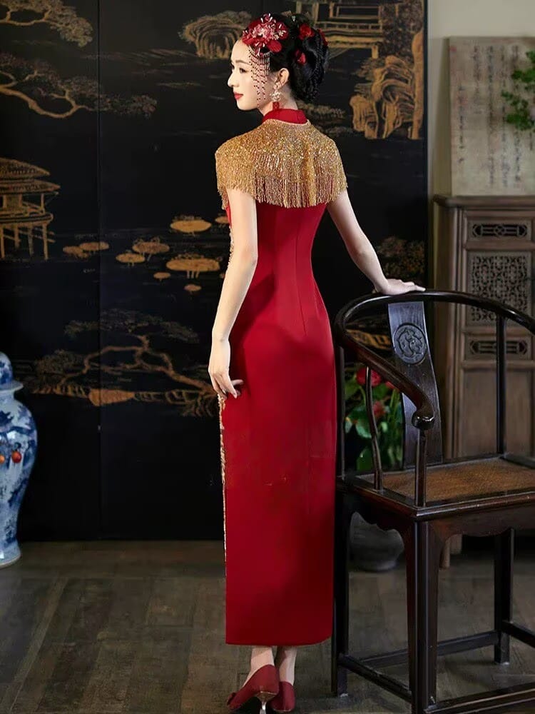 Beth and Brian Qipao-QX Heavy-duty Embroidered Tassel Engagement Cheongsam Set