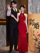 Beth and Brian Qipao-DYS New Chinese style (新中式), floral pattern, halter red long Cheongsam