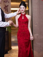 Beth and Brian Qipao-DYS New Chinese style (新中式), floral pattern, halter red long Cheongsam