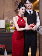 Beth and Brian Qipao-DYS New Chinese style (新中式), floral pattern, halter red long Cheongsam