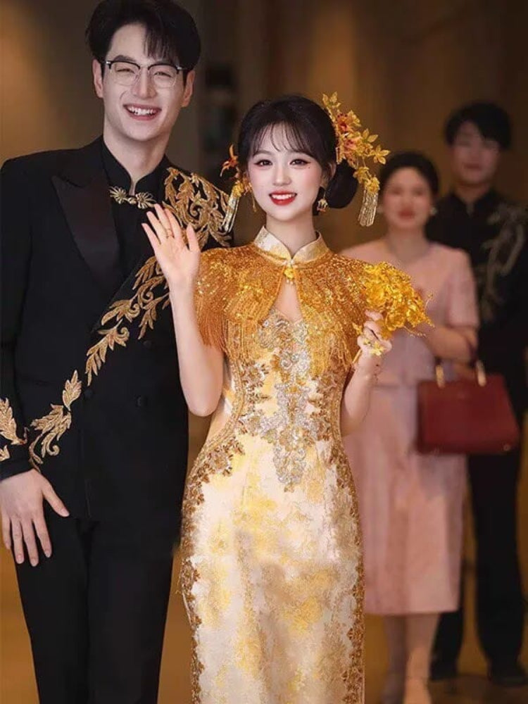 BethandBrianQipao-YNS Luxury Champagne Gold Tassel Wedding Qipao set