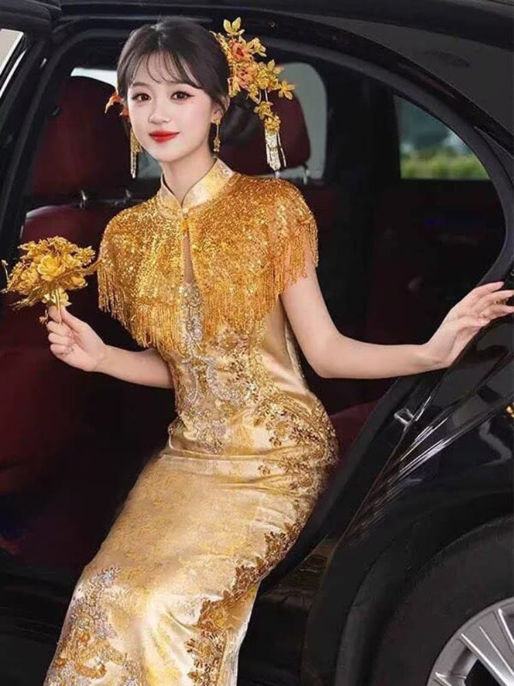 Tea ceremony Qipao set, Gold cheongsam for women, wedding Chinese gown M / Gold Tea ceremony Qipao set, Gold cheongsam for women, wedding Chinese gown M / Gold