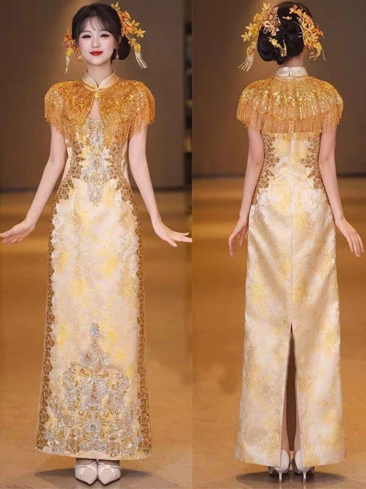 BethandBrianQipao-YNS Luxury Champagne Gold Tassel Wedding Qipao set