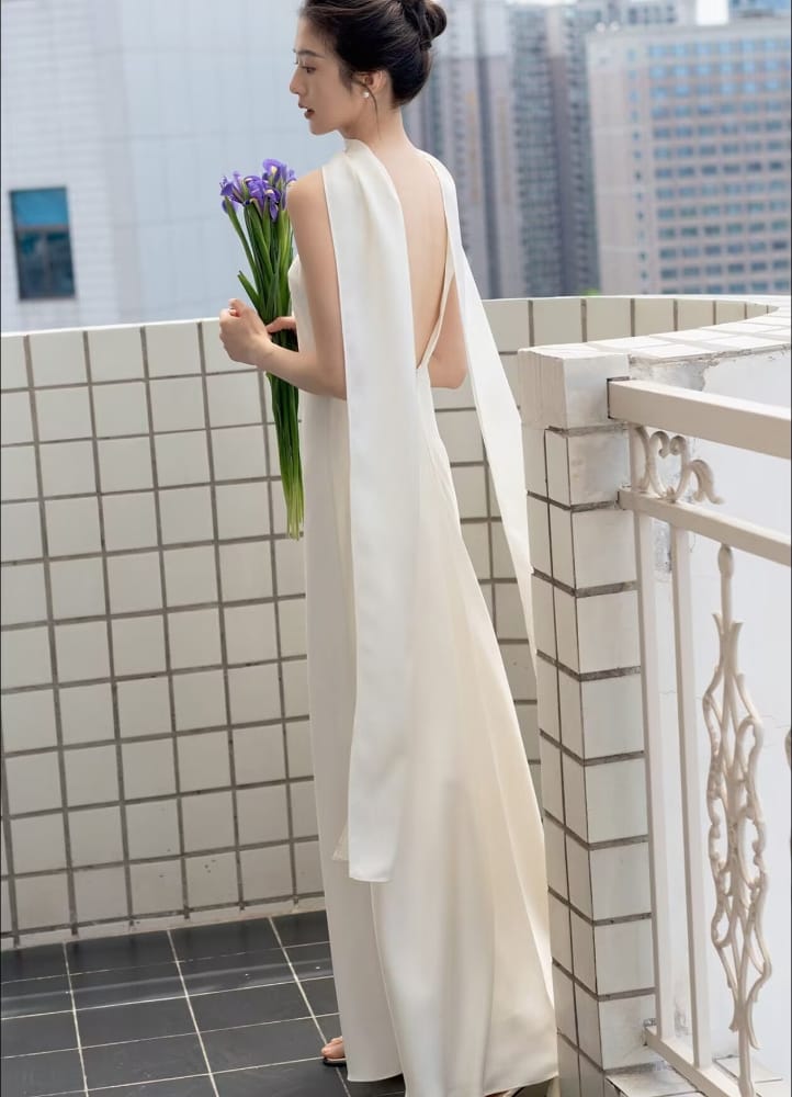 Beth and Brian Qipao-EC Bride Engagement Morning Robe, White Long Cheongsam