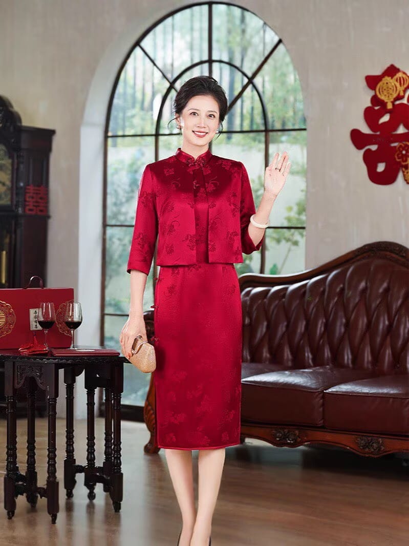 Beth and Brian Qipao-QZYF Floral pattern, acetate satin fabric, high-end midi Cheongsam set