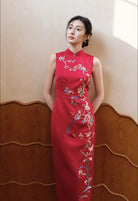Beth and Brian Qipao-EC Floral embroidery, High-end red long Cheongsam