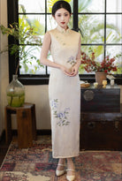 Beth and Brian Qipao-HLQ New Chinese style (新中式), floral pattern, beige midi Cheongsam