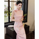Beth and Brian Qipao-HLQ Sleeveless, Floral pattern, acetate fabric, pink midi Cheongsam
