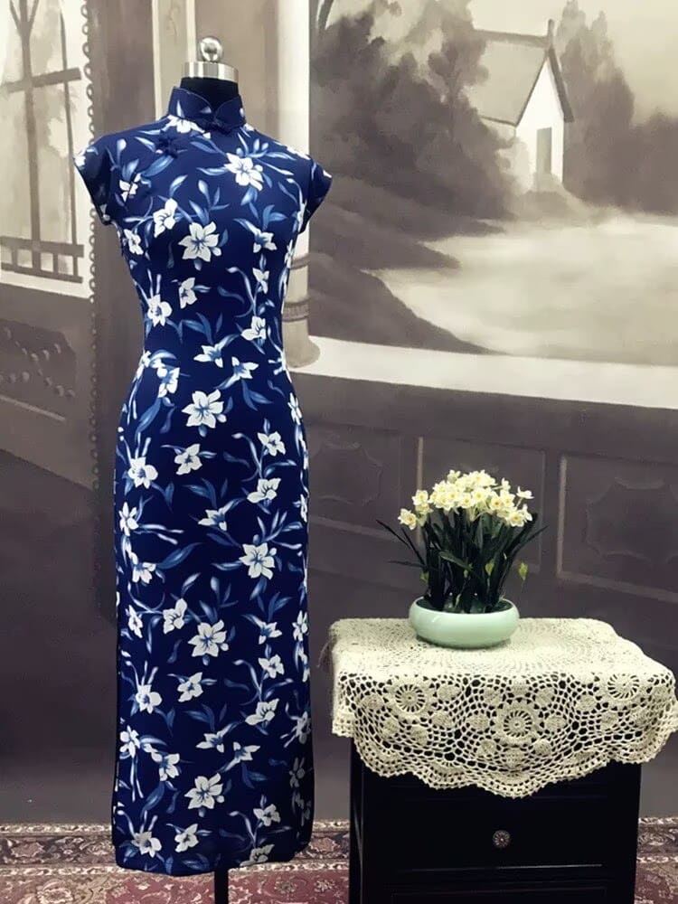 Beth and Brian Qipao - TZY Ms.Tang wei inspired floral pattern, artificial silk chiffon, long Cheongsam