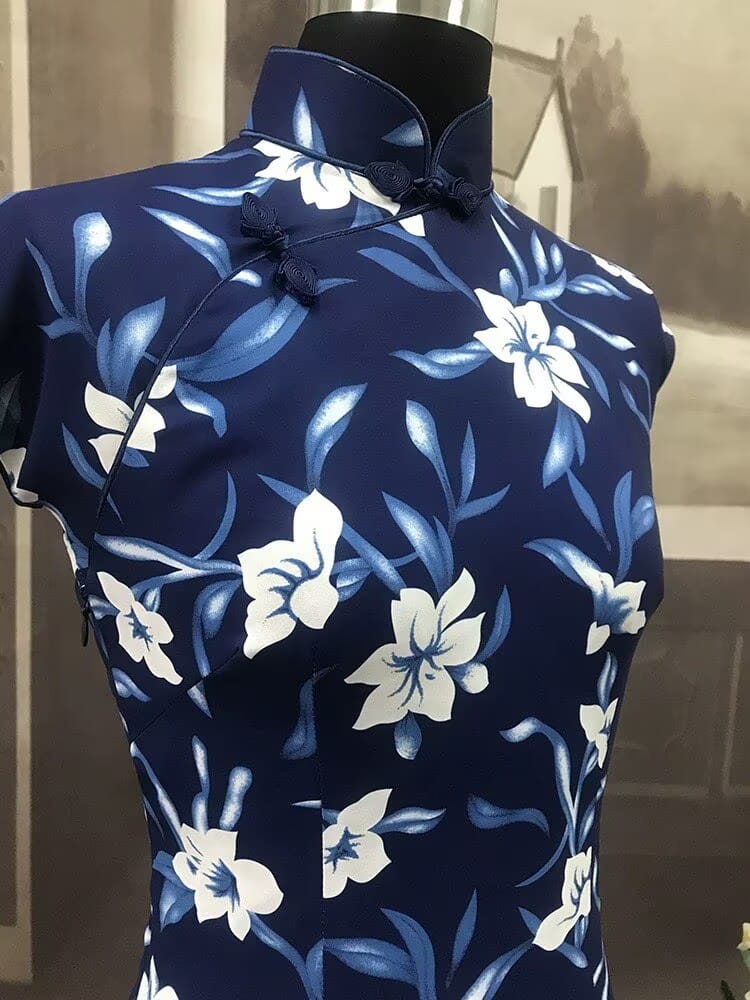 Beth and Brian Qipao - TZY Ms.Tang wei inspired floral pattern, artificial silk chiffon, long Cheongsam