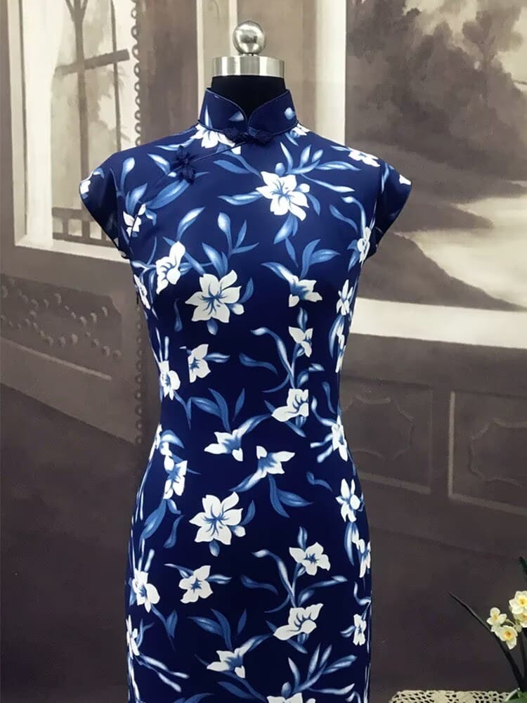 Beth and Brian Qipao - TZY Ms.Tang wei inspired floral pattern, artificial silk chiffon, long Cheongsam
