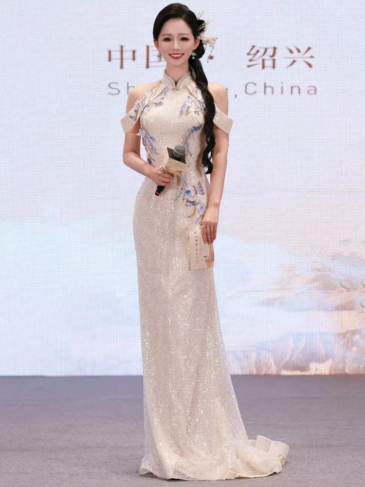 Beth and Brian Qipao-QLYY Sequin Hostess Performance Cheongsam