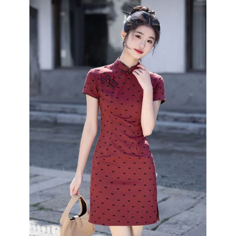 Beth and Brian Qipao-HLQ Summer collection, Bow Print Red Mini Cheongsam