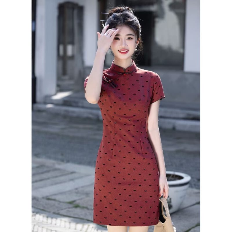 Beth and Brian Qipao-HLQ Summer collection, Bow Print Red Mini Cheongsam
