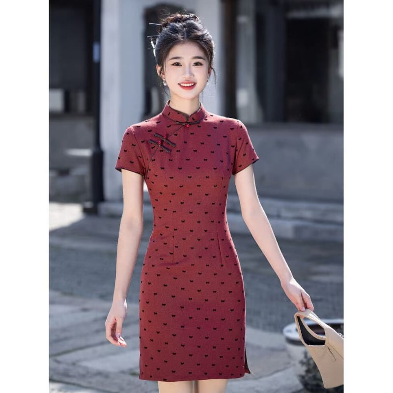 Beth and Brian Qipao-HLQ Summer collection, Bow Print Red Mini Cheongsam
