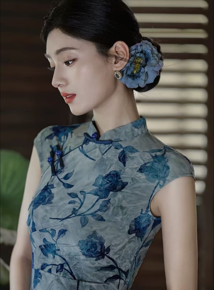 Beth and Brian Qipao-HLQ Flocking fabric, rose pattern long Cheongsam
