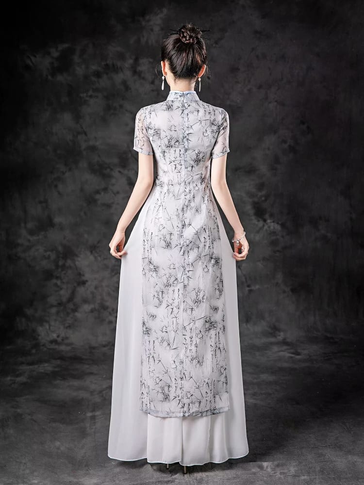 Beth and Brian Qipao-ZYX Light Gray, Bamboo Leaf Pattern Long Ao Dai For Runway Show
