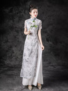 Beth and Brian Qipao-ZYX Light Gray, Bamboo Leaf Pattern Long Ao Dai For Runway Show