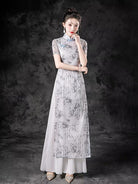 Beth and Brian Qipao-ZYX Light Gray, Bamboo Leaf Pattern Long Ao Dai For Runway Show