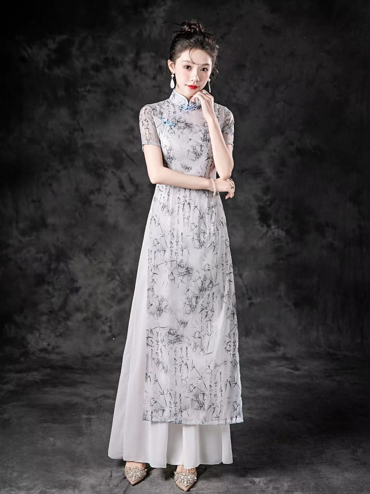 Beth and Brian Qipao-ZYX Light Gray, Bamboo Leaf Pattern Long Ao Dai For Runway Show