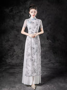 Beth and Brian Qipao-ZYX Light Gray, Bamboo Leaf Pattern Long Ao Dai For Runway Show
