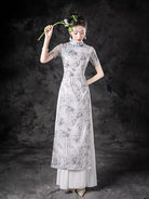Beth and Brian Qipao-ZYX Light Gray, Bamboo Leaf Pattern Long Ao Dai For Runway Show