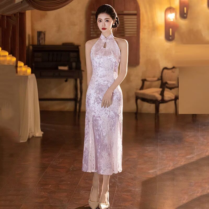 Beth and Brian Qipao-SMQ Spring collectionn, water drop collar, velvet midi Cheongsam