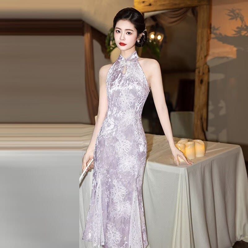 Beth and Brian Qipao-SMQ Spring collectionn, water drop collar, velvet midi Cheongsam