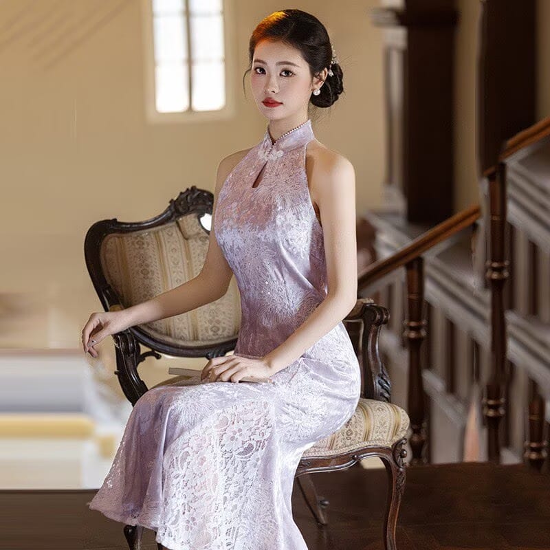 Beth and Brian Qipao-SMQ Spring collectionn, water drop collar, velvet midi Cheongsam