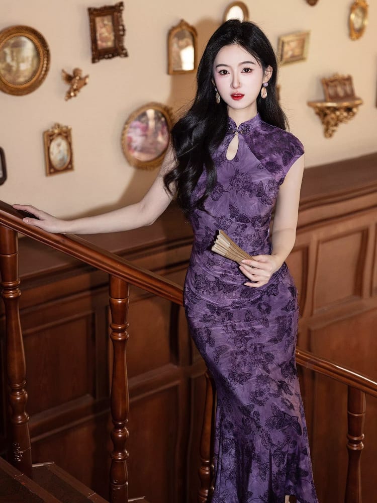 Beth and Brian Qipao-LSB Flocking fabric, water drop collar, butterfly midi Cheongsam