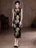 Beth and Brian Qipao-LSB Floral pattern, velvet black long Cheongsam
