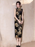 Beth and Brian Qipao-LSB Floral pattern, velvet black long Cheongsam