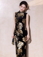 Beth and Brian Qipao-LSB Floral pattern, velvet black long Cheongsam