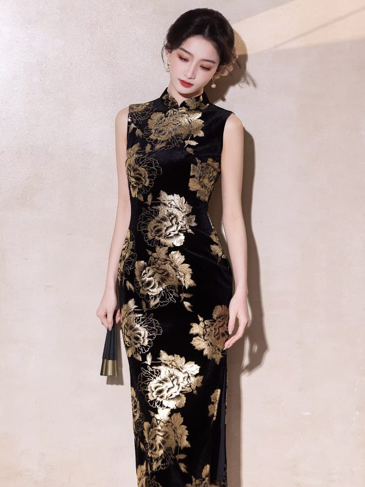 Beth and Brian Qipao-LSB Floral pattern, velvet black long Cheongsam