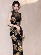 Beth and Brian Qipao-LSB Floral pattern, velvet black long Cheongsam