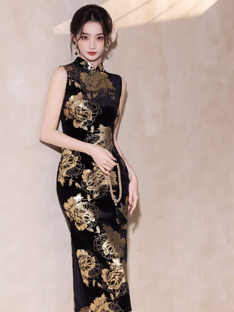 Beth and Brian Qipao-LSB Floral pattern, velvet black long Cheongsam