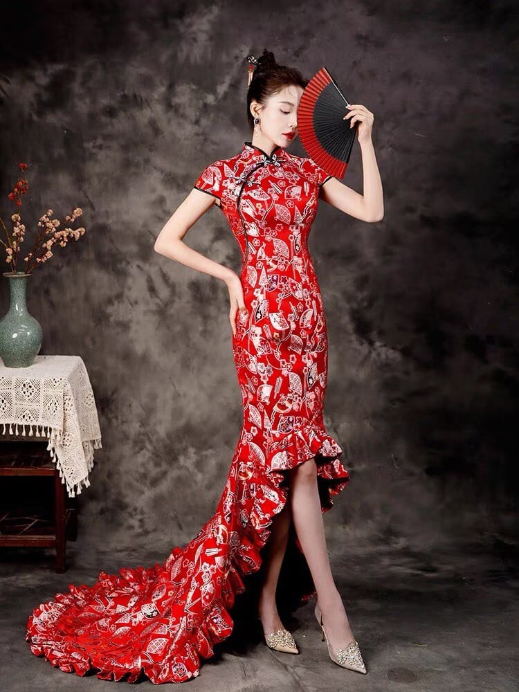 Beth and Brian Qipao-ZYX Luxury Mermaid Train Cheongsam, Fan Pattern Long Cheongsam