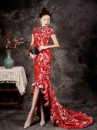 Beth and Brian Qipao-ZYX Luxury Mermaid Train Cheongsam, Fan Pattern Long Cheongsam