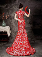 Beth and Brian Qipao-ZYX Luxury Mermaid Train Cheongsam, Fan Pattern Long Cheongsam