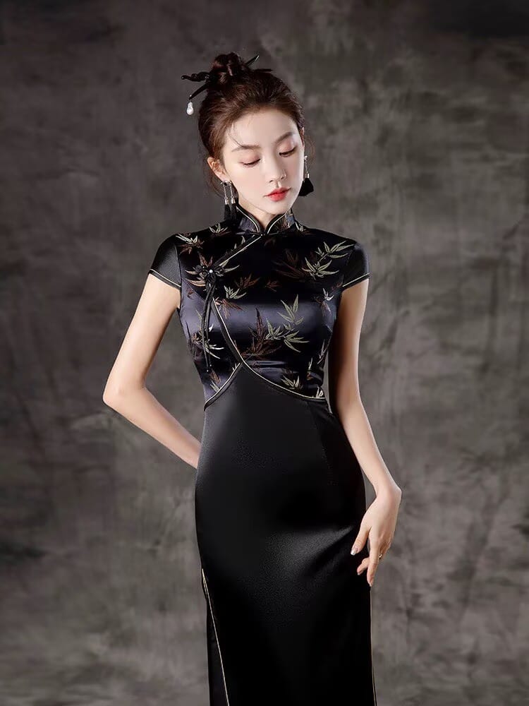 Satin Cheongsam, prom Qipao for women, prom Qipao, bamboo leaf qipao