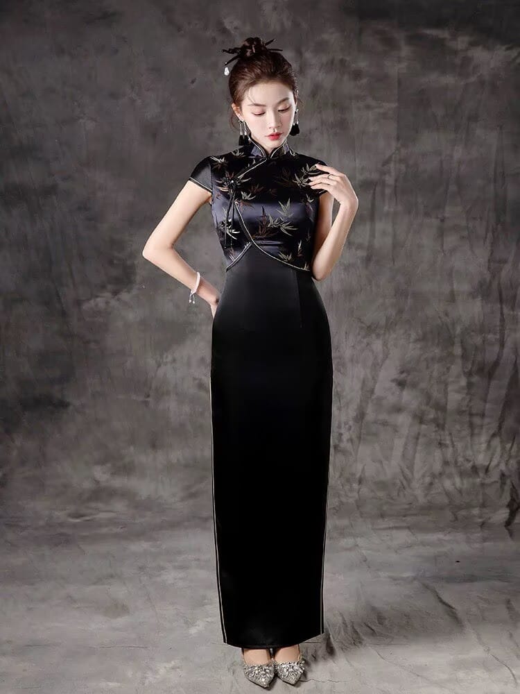 Beth and Brian Qipao-ZYX Luxury Runway Performance Dress, Bamboo Leaf Pattern Long Cheongsam