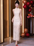 Beth and Brian Qipao-MY Lace fabric, water drop collar, champagne long Cheongsam set
