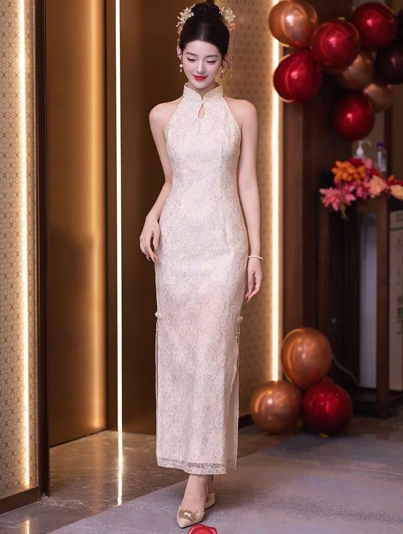 Beth and Brian Qipao-MY Lace fabric, water drop collar, champagne long Cheongsam set
