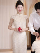 Beth and Brian Qipao-MY Lace fabric, water drop collar, champagne long Cheongsam set