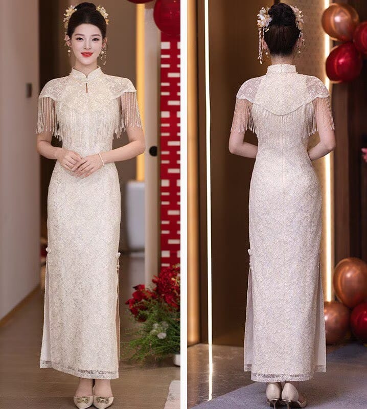 Beth and Brian Qipao-MY Lace fabric, water drop collar, champagne long Cheongsam set