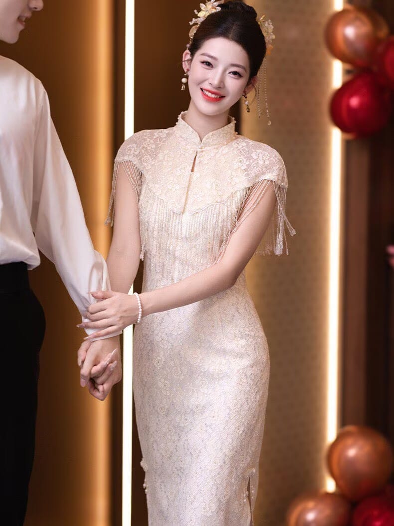 Beth and Brian Qipao-MY Lace fabric, water drop collar, champagne long Cheongsam set