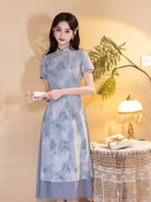 Beth and Brian Qipao-MYJ Ink Wash Landscape Pattern, Light Blue and Green Midi Ao dai
