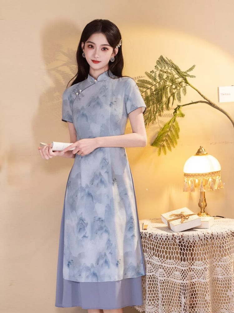 Beth and Brian Qipao-MYJ Ink Wash Landscape Pattern, Light Blue and Green Midi Ao dai
